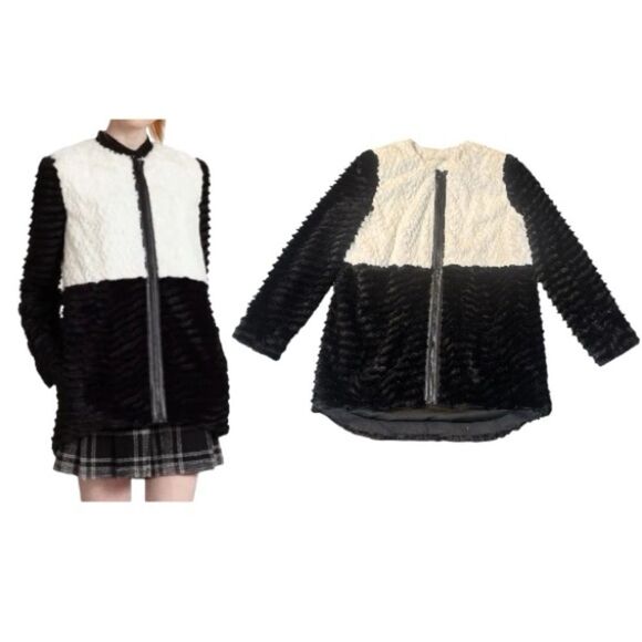 Alice + Olivia Black & White Color Block Faux Fur Jacket Size Medium - Picture 1 of 11